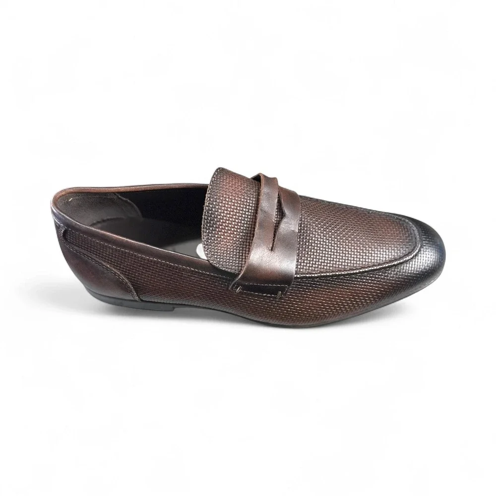 Vittorio Russo Men's Brown Leather Woven Texture Dress Loafer Shoes‎ Size 10.5